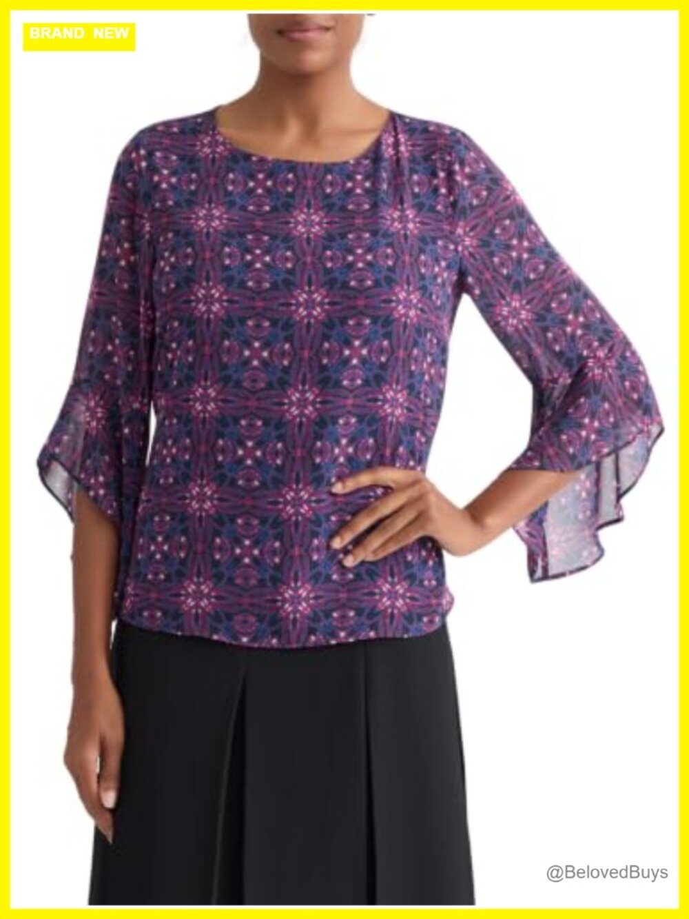 Ruffle Sleeve Chiffon Blouse 3/4 Sleeve Pullover Crew Neck Regular Fit